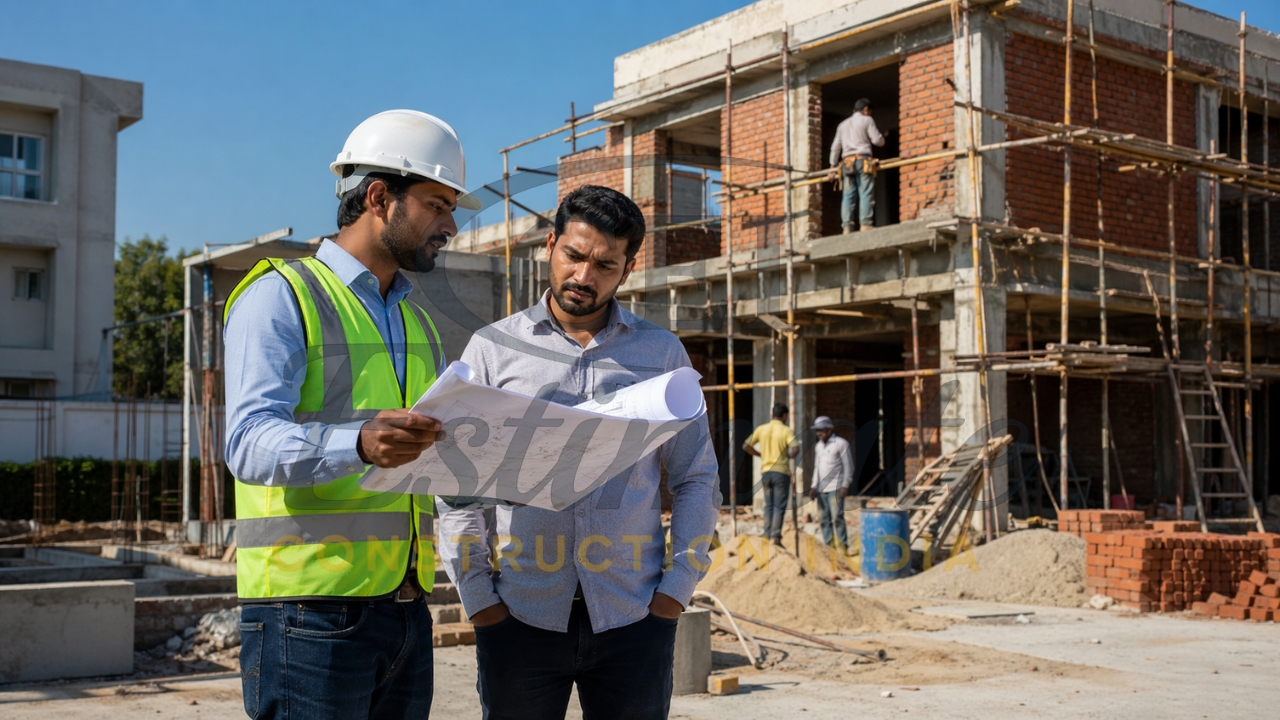 Builder discussing construction drawings with homeowner at site