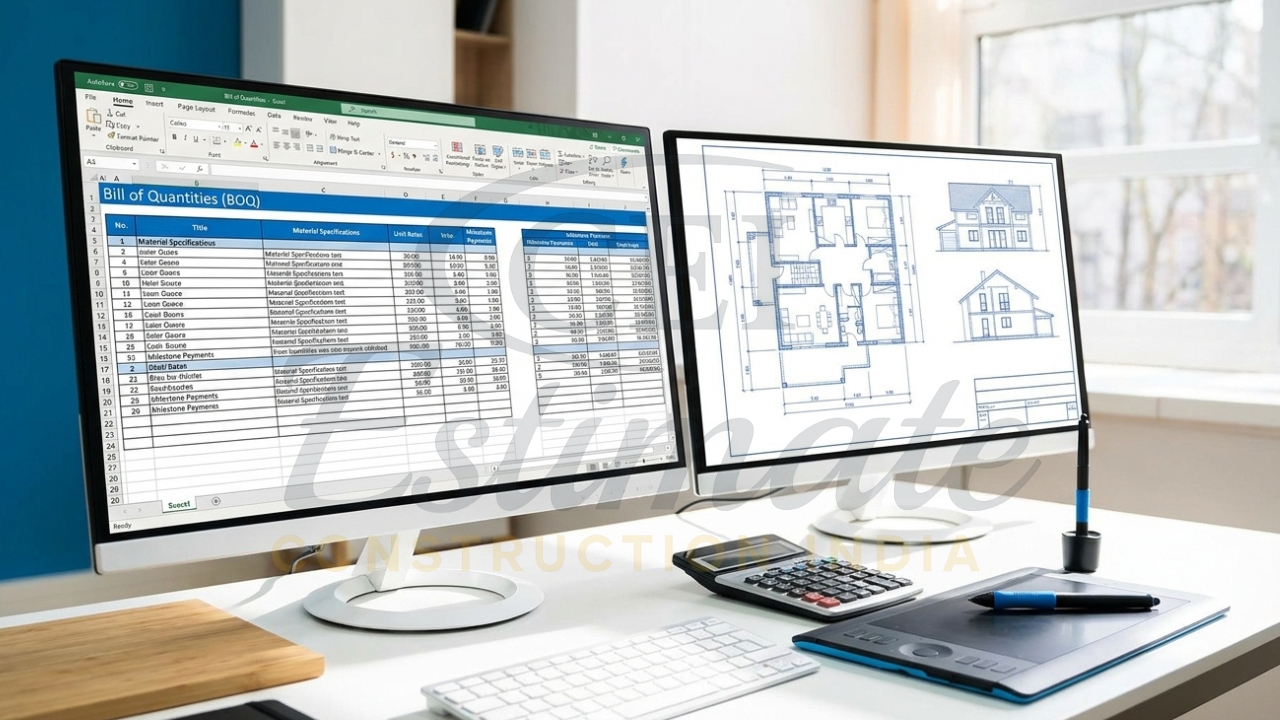 Construction BOQ estimation with house blueprint on dual screens
