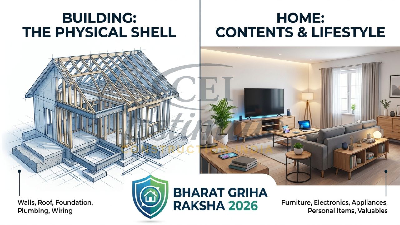 A split-screen comparison showing a building's skeleton (Structure) and a fully furnished room (Contents) with 2026 insurance labels.