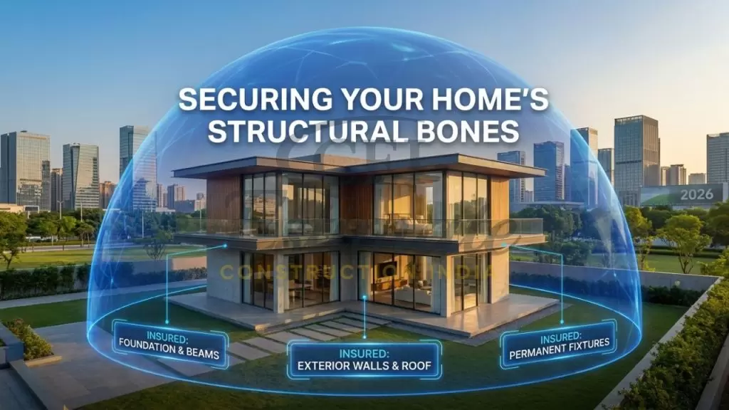 A professional visualization of a premium Indian villa in Noida protected by a translucent blue insurance shield against fire, flood, and earthquake.