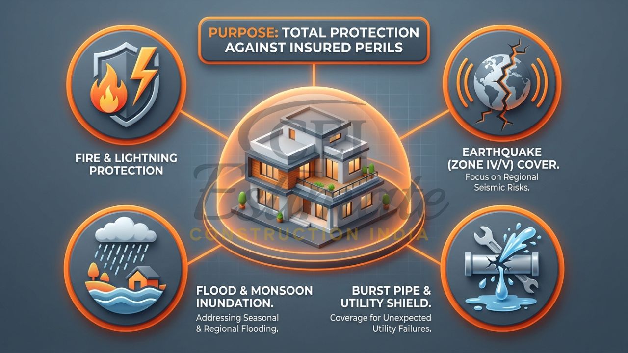 An infographic showing a modern Indian home shielded from icons of fire, floods, and seismic tremors under the BGR framework.