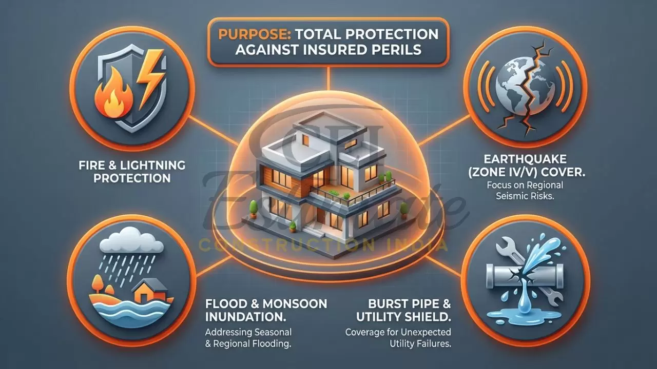 An infographic showing a modern Indian home shielded from icons of fire, floods, and seismic tremors under the BGR framework.