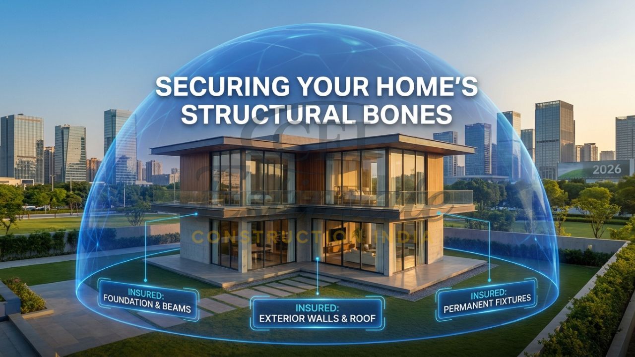 A professional visualization of a premium Indian villa in Noida protected by a translucent blue insurance shield against fire, flood, and earthquake.