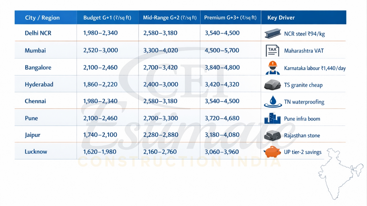 2026 house construction cost per sq ft by Indian cities table 
