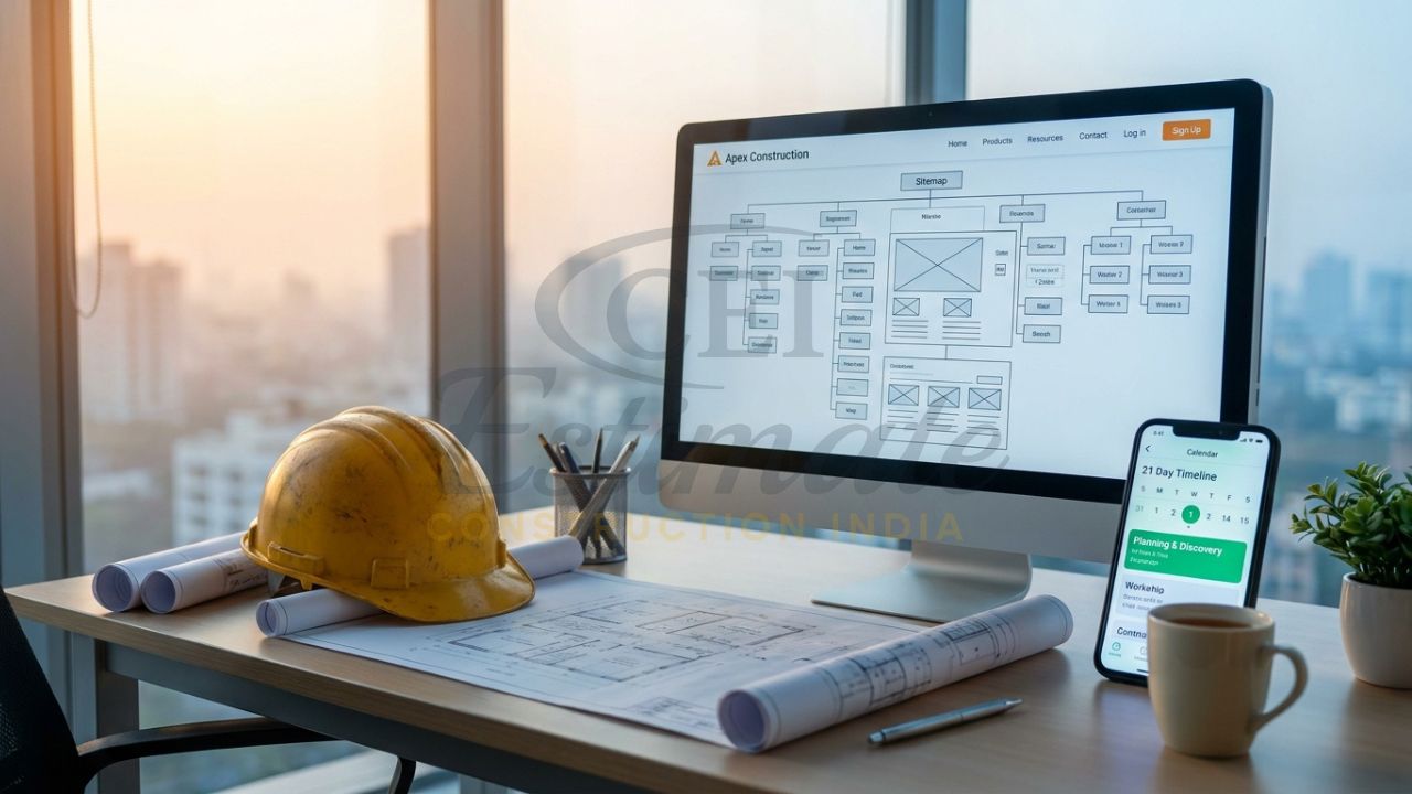Planning phase for professional construction website design showing sitemap and 21-day timeline.