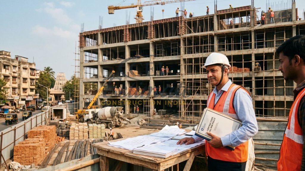 Construction engineer reviewing building plans at site showing builders risk insurance concept in India
