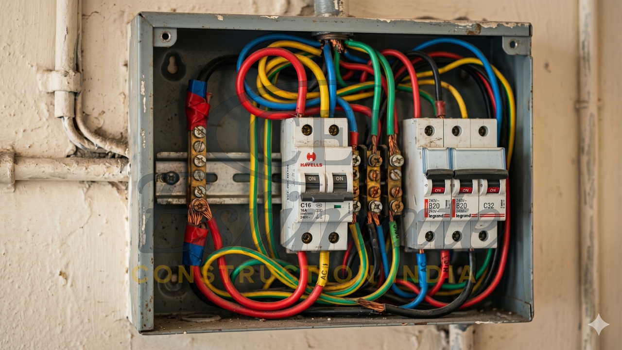 MCB panel board wiring with electrical cables for house construction