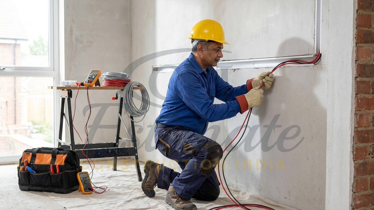 Internal electrical wiring work with cables and tools in residential construction