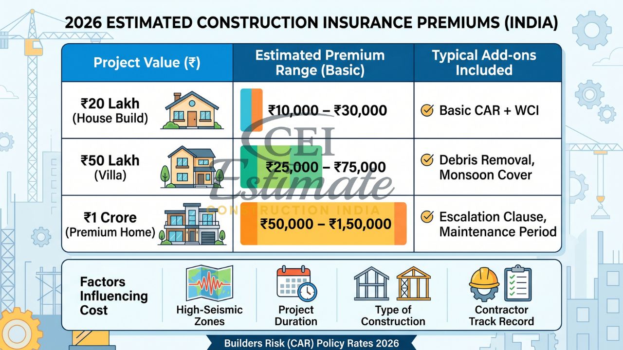 construction insurance cost India 2026 builders risk premium table project value ₹20 lakh ₹50 lakh ₹1 crore