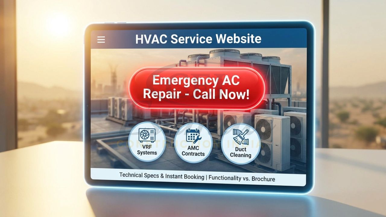 HVAC company website with an emergency repair button and detailed VRF system specs for leads.