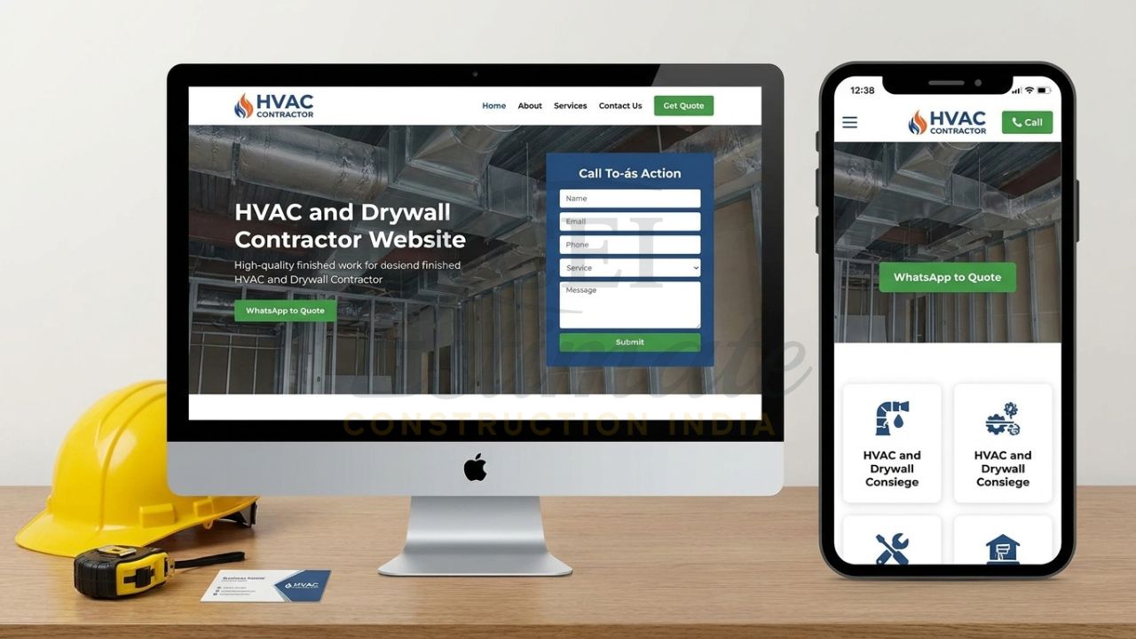 Professional website design for an Indian HVAC and Drywall contractor displayed on a desktop and mobile device with clear call-to-actions.