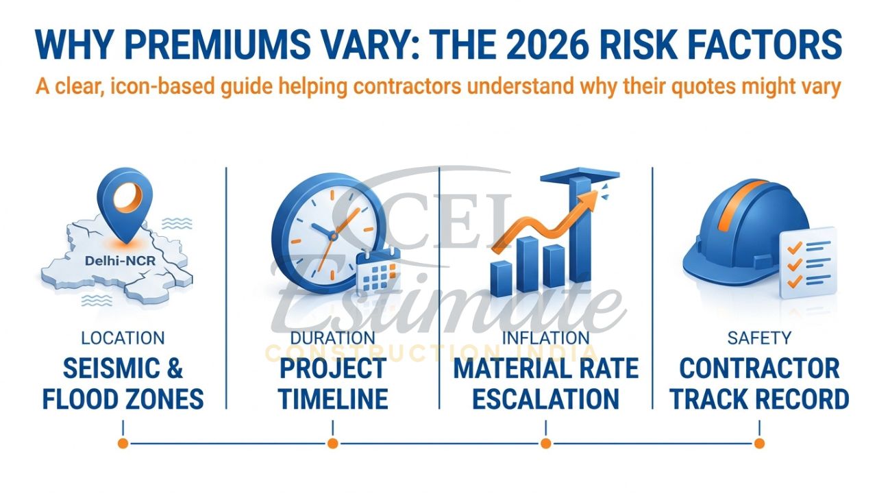 An infographic showing the factors that influence construction insurance costs in India, including location, duration, and material rates.
