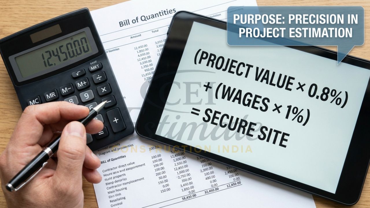 A close-up of a contractor's hand using a calculator and a tablet to calculate a CAR insurance premium for a BOQ.