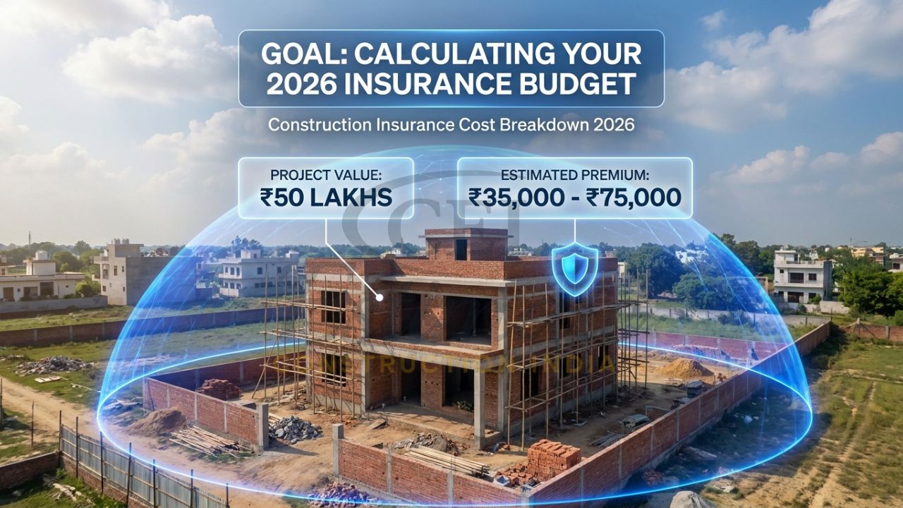 A professional visualization of a residential project in Meerut with a translucent blue insurance shield and callouts showing the low cost of premiums versus the high project value.