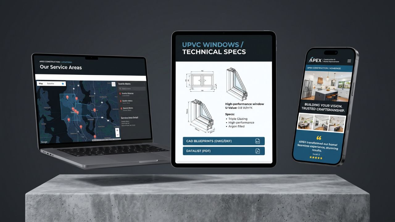UPVC windows website design showing technical specifications CAD drawings service areas map and mobile construction site