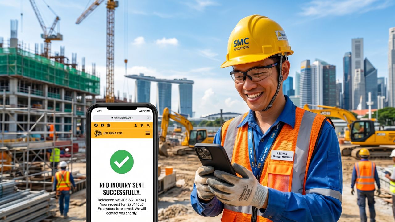 Construction project manager using mobile phone at job site after successfully sending RFQ inquiry for heavy equipment