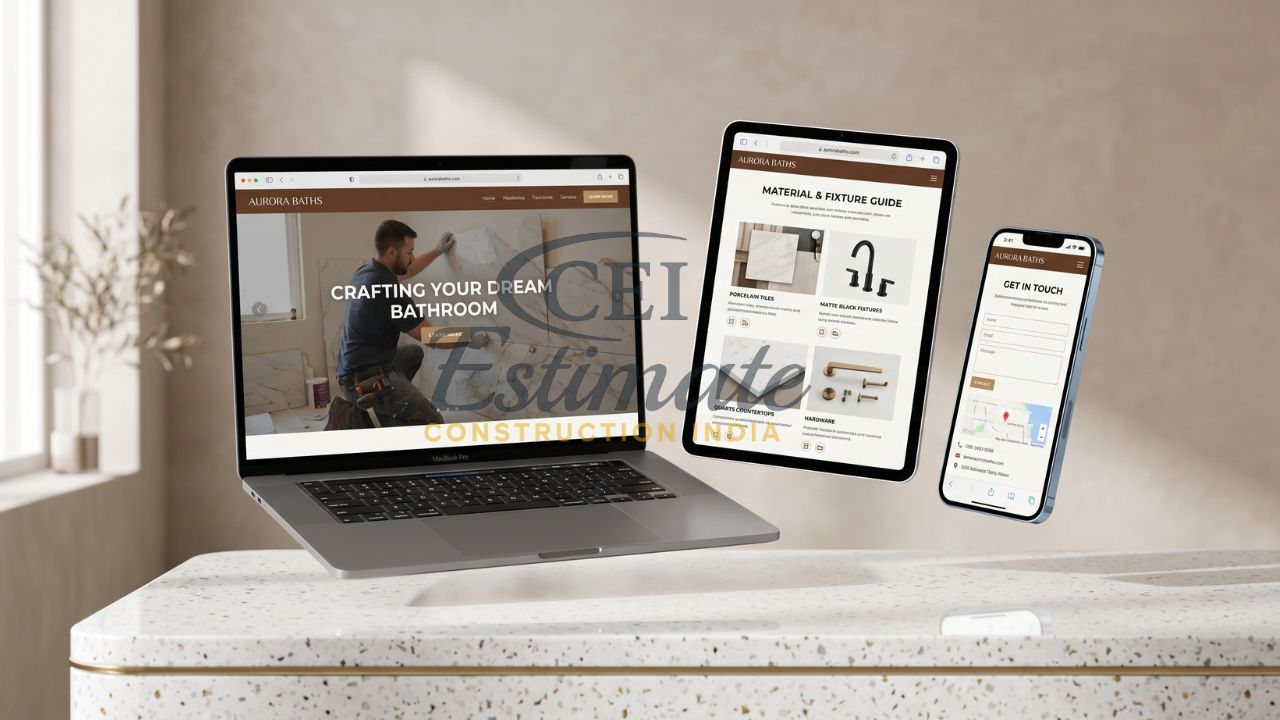 Bathroom design website displayed on laptop tablet and mobile with material guide and contact form