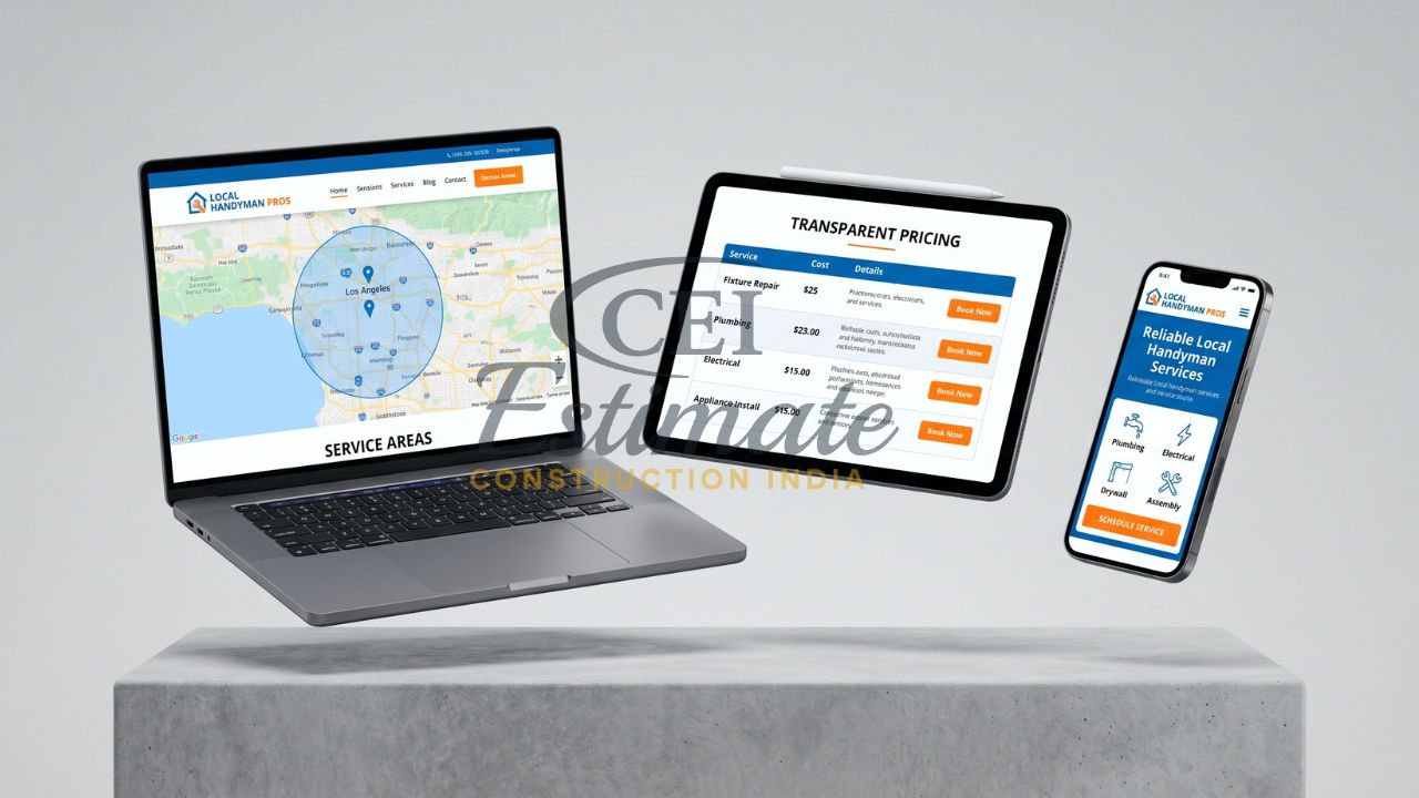 Handyman website showing service areas map, transparent pricing table, and mobile booking interface