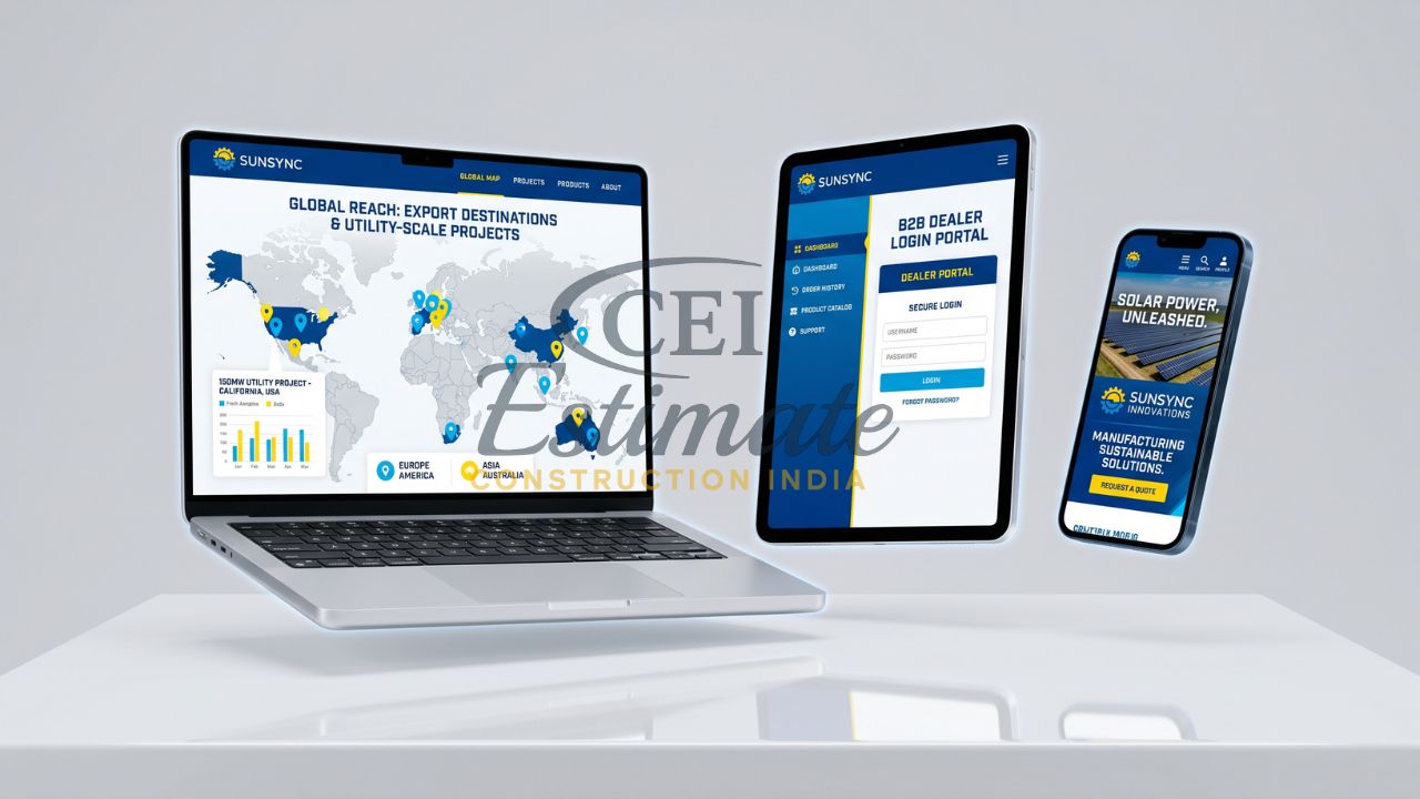 Solar manufacturing website showing global export map, B2B dealer login portal, and responsive design on multiple devices