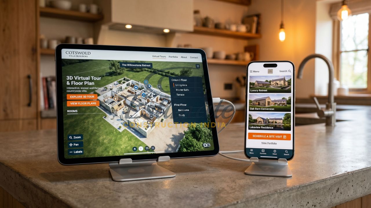 Villa builder website design with 3D virtual tour floor plan and mobile portfolio booking interface
