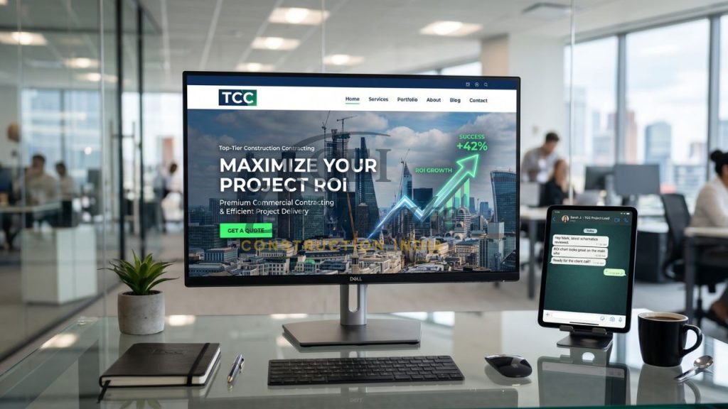 Commercial construction website showing ROI growth project performance and lead generation CTA on desktop and mobile