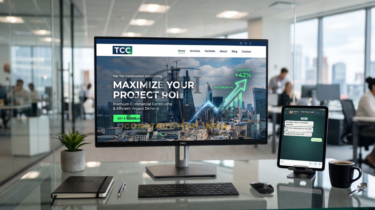 Commercial construction website showing ROI growth project performance and lead generation CTA on desktop and mobile