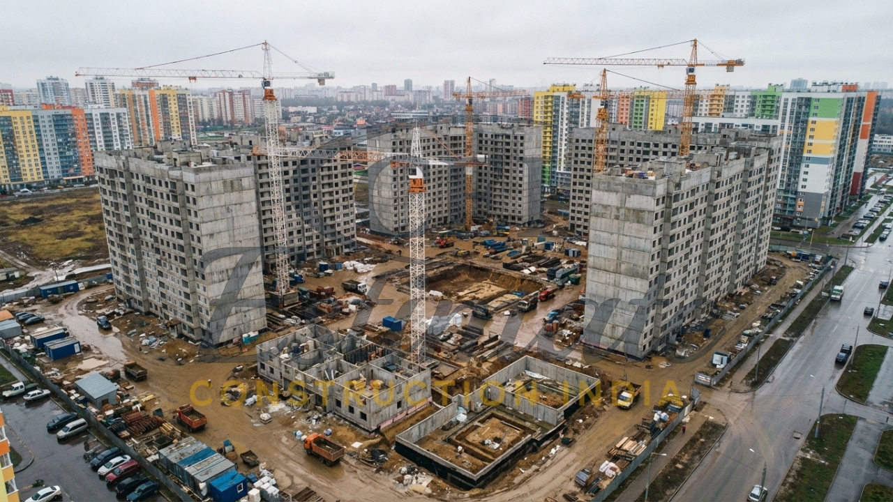 Multi-building construction site in India with cranes and ongoing residential project