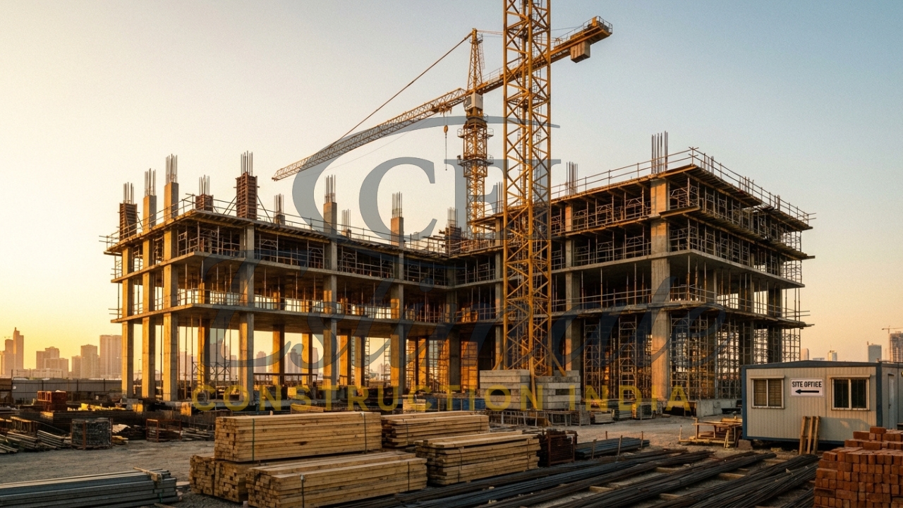 Commercial construction project with columns, beams, and site materials