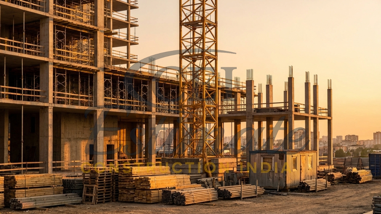 Commercial construction project with columns, beams, and site office setup