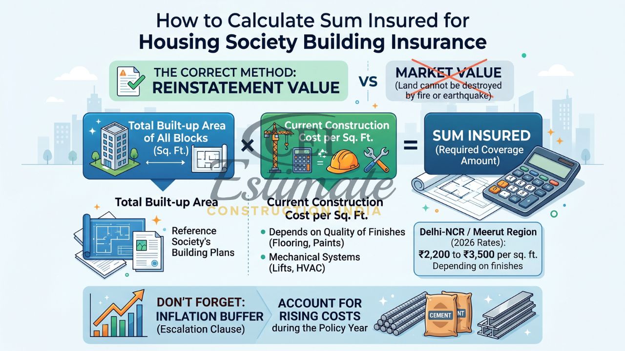 How to calculate sum insured for housing society building insurance using reinstatement value method India