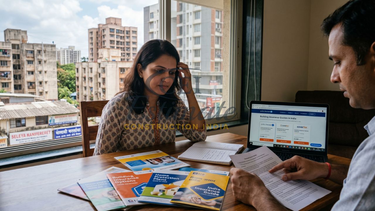 couple comparing building insurance plans in India reviewing policy documents and online quotes