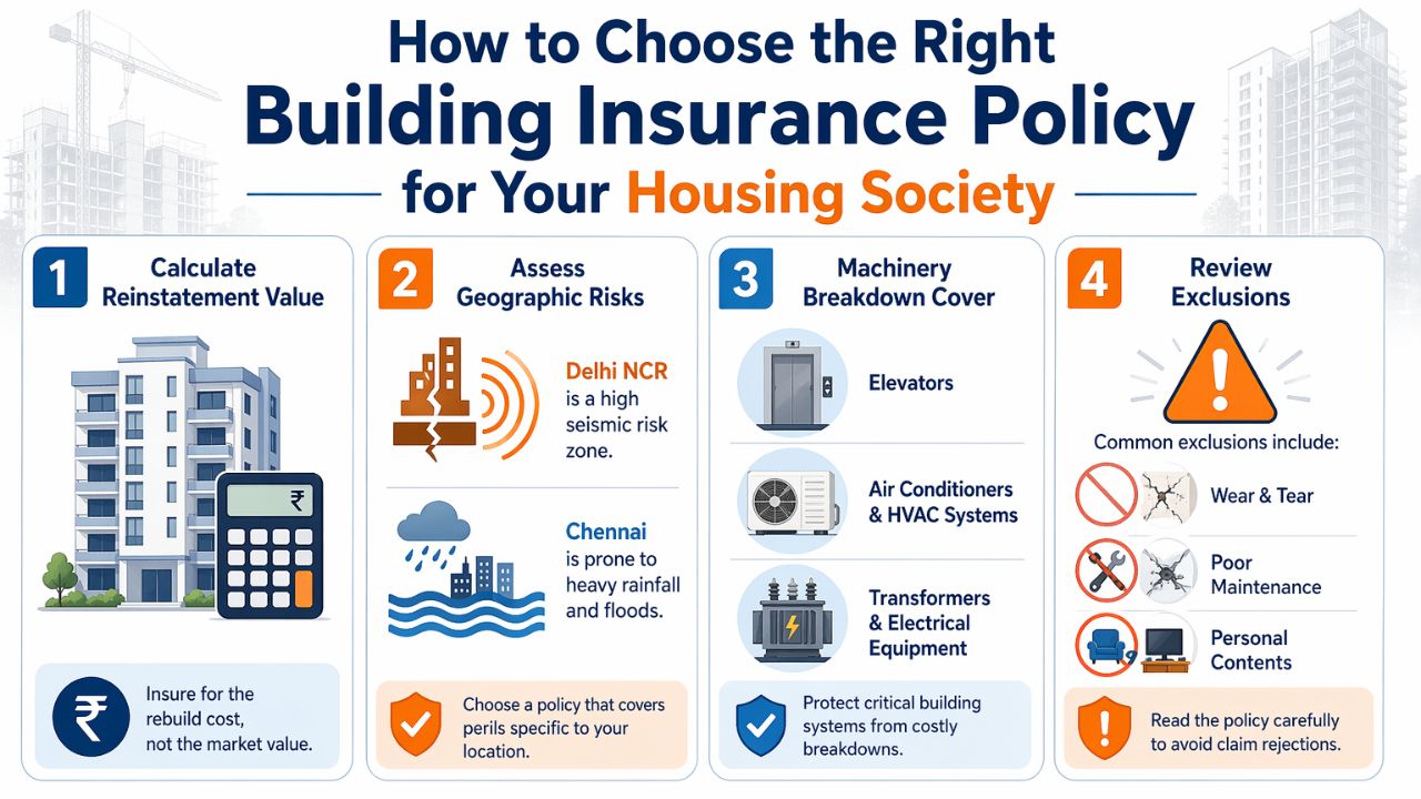 how to choose building insurance policy housing society India reinstatement value geographic risk HVAC coverage exclusions
