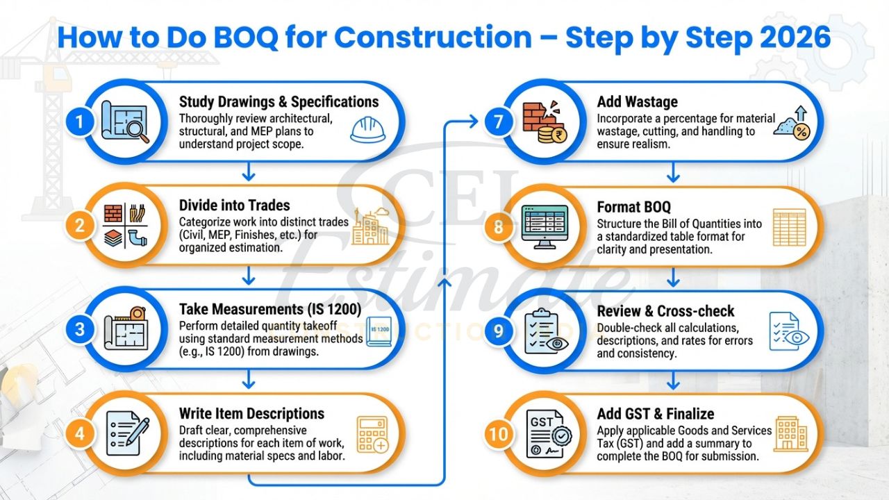 10-step process on how to do BOQ for construction in India with clear workflow