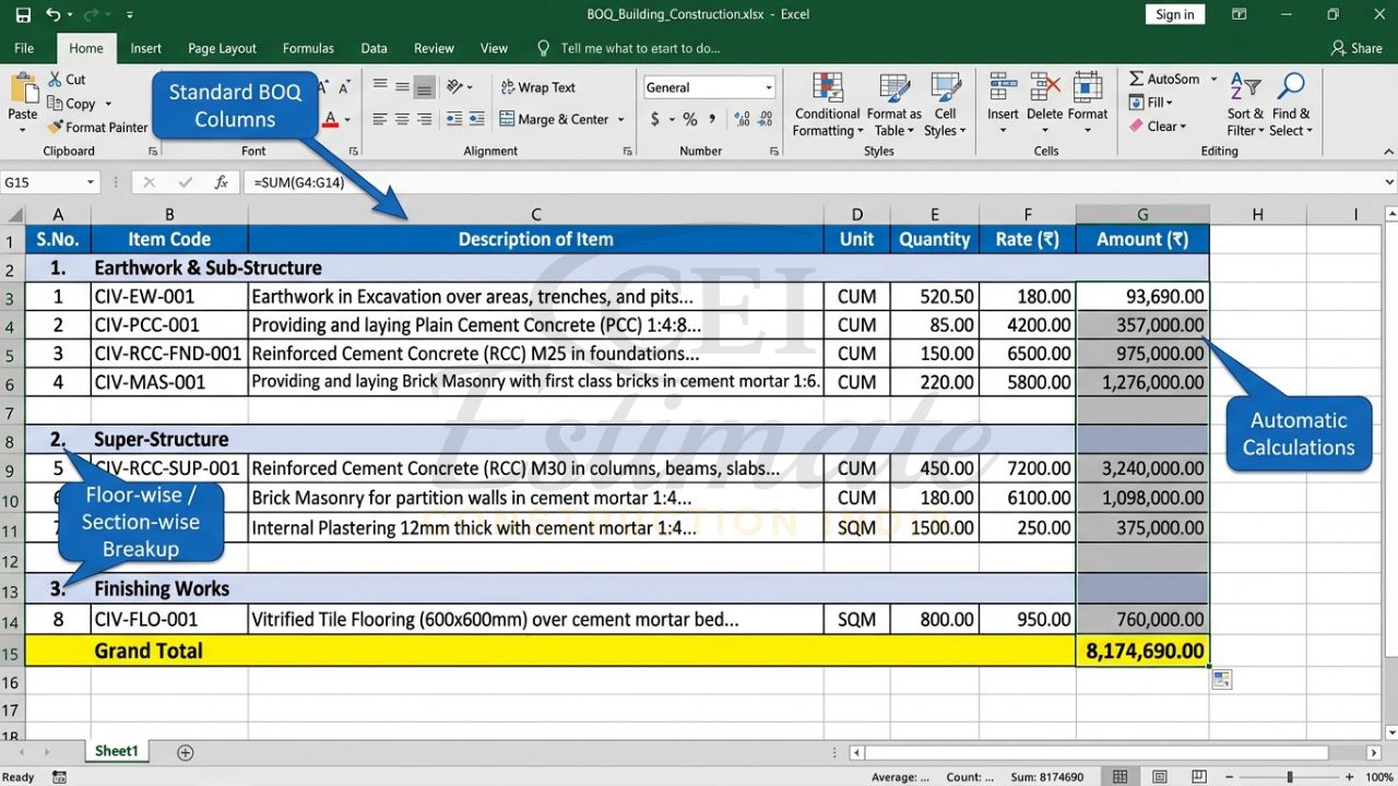 Example of BOQ excel sheet for building construction with automatic calculations and grand total