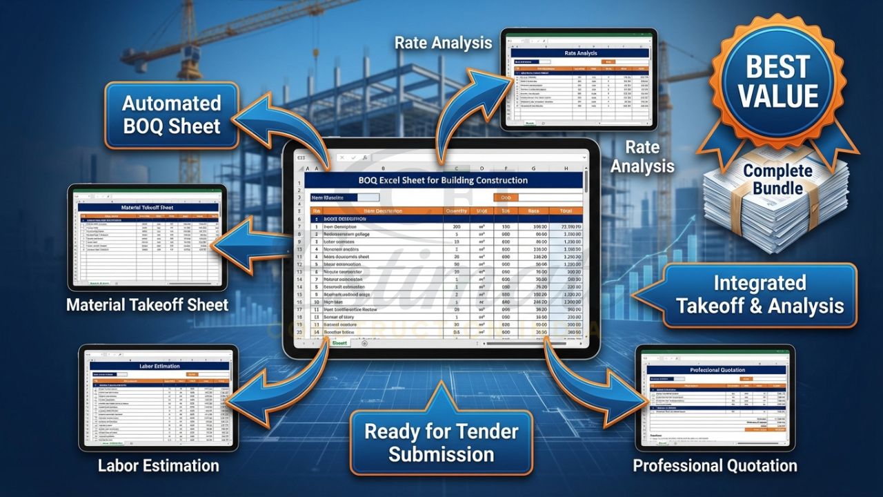 Complete BOQ excel sheet for building construction with takeoff, rate analysis and quotation