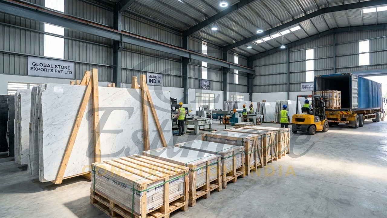 Tile export facility in India with porcelain slabs and container loading process