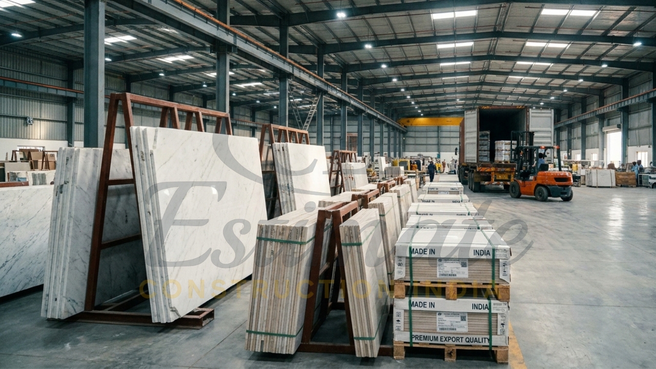 Marble export facility with polished slabs and packing units