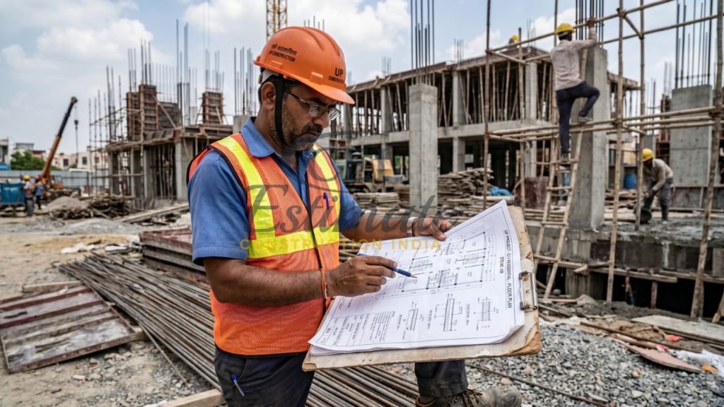 Construction engineer checking blueprint and structural drawings at active building site with workers and scaffolding in India