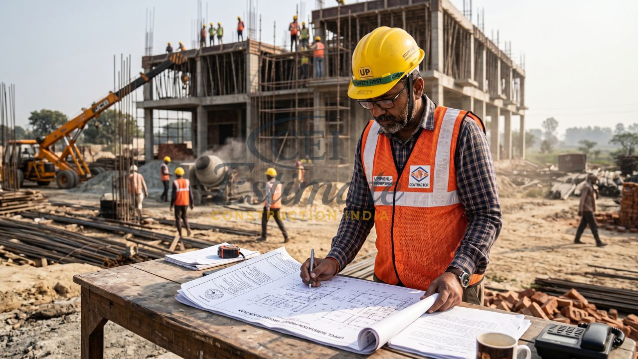 Construction engineer reviewing architectural drawings at active building site with workers and equipment in India