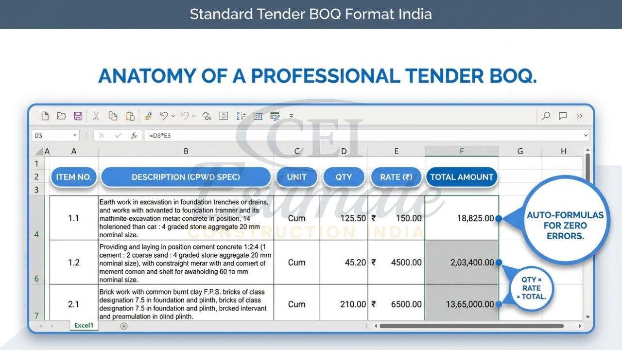 An instructional infographic showing the standard columns of a CPWD-style BOQ in Excel, including item description, unit, and auto-formulas.