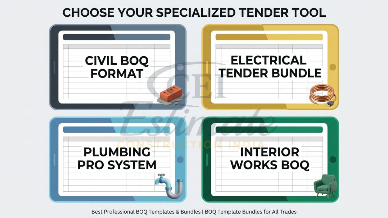 An infographic showing four mobile and tablet screens, each displaying a specialized BOQ template for Civil, Electrical, Plumbing, and Interiors.