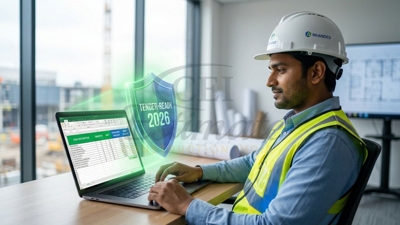 A professional contractor in a safety vest reviewing an automated Excel BOQ for a PWD tender submission, with a "Bid Approved" green glow.
