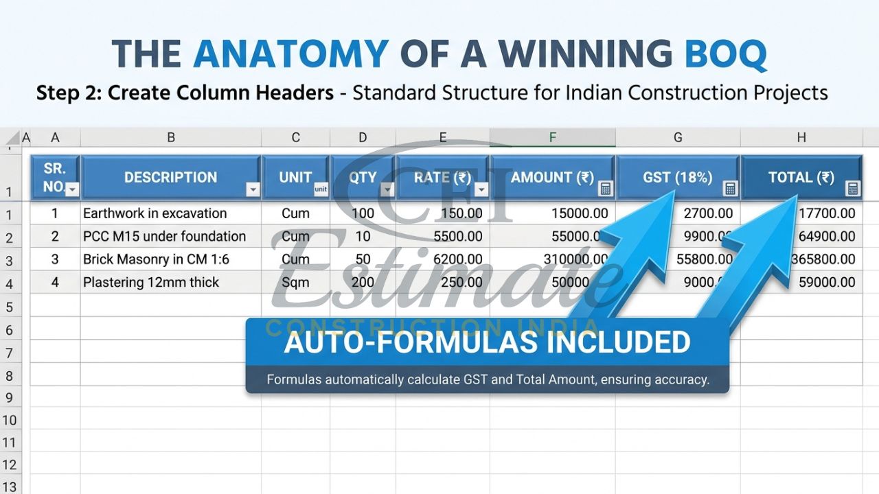 An instructional diagram showing the standard column headers for an Indian construction BOQ in Excel, including GST and Unit rates.