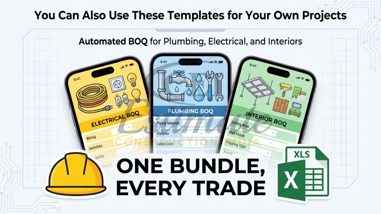 An infographic showing three different mobile screens displaying automated BOQ templates for Electrical, Plumbing, and Interior Design.