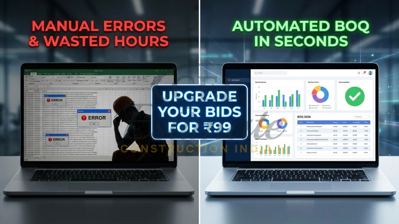 A split-screen comparison showing a confusing, error-prone manual Excel sheet versus a clean, automated professional BOQ dashboard with 2026 Indian rates.