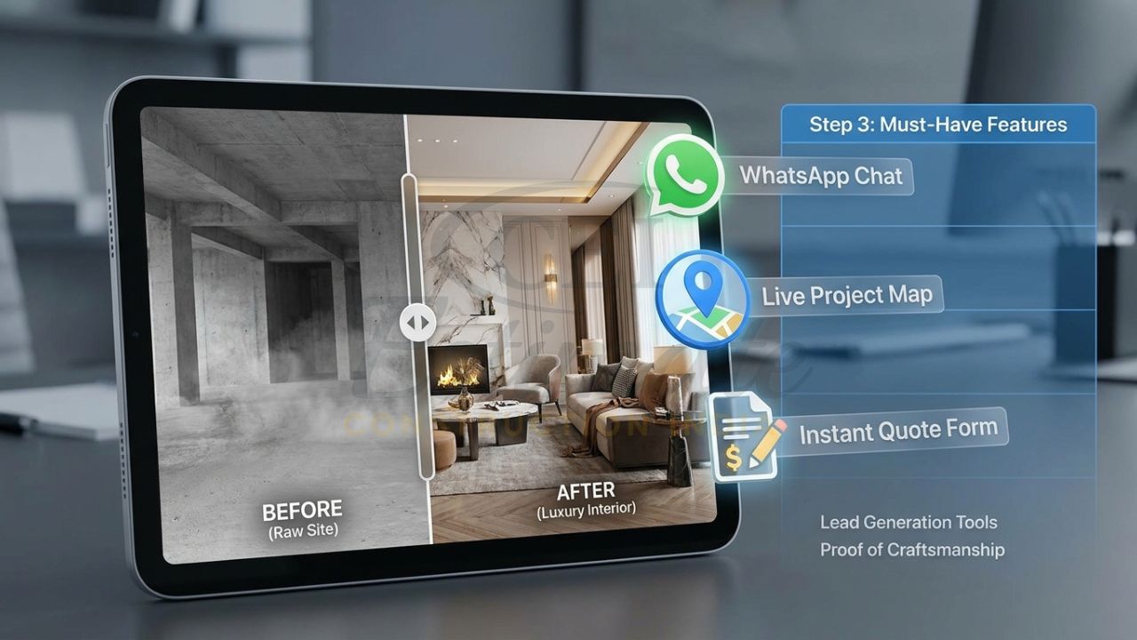 Construction company website features including before-and-after sliders and WhatsApp lead capture.