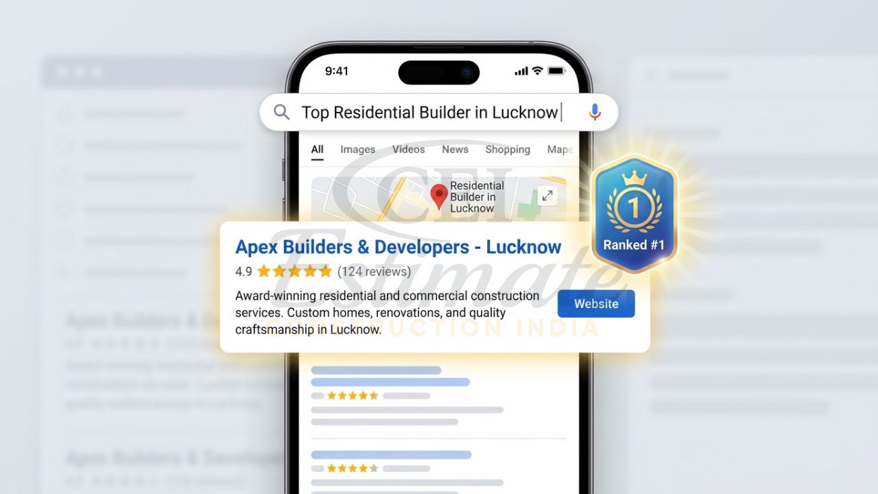 Google local search results showing a construction company ranking #1 in Lucknow.