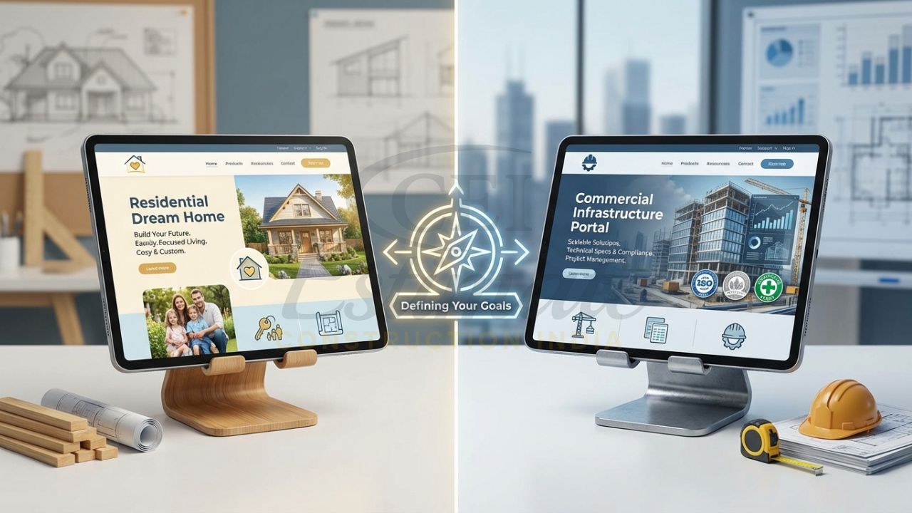 Construction company website features including before-and-after sliders and WhatsApp lead capture.