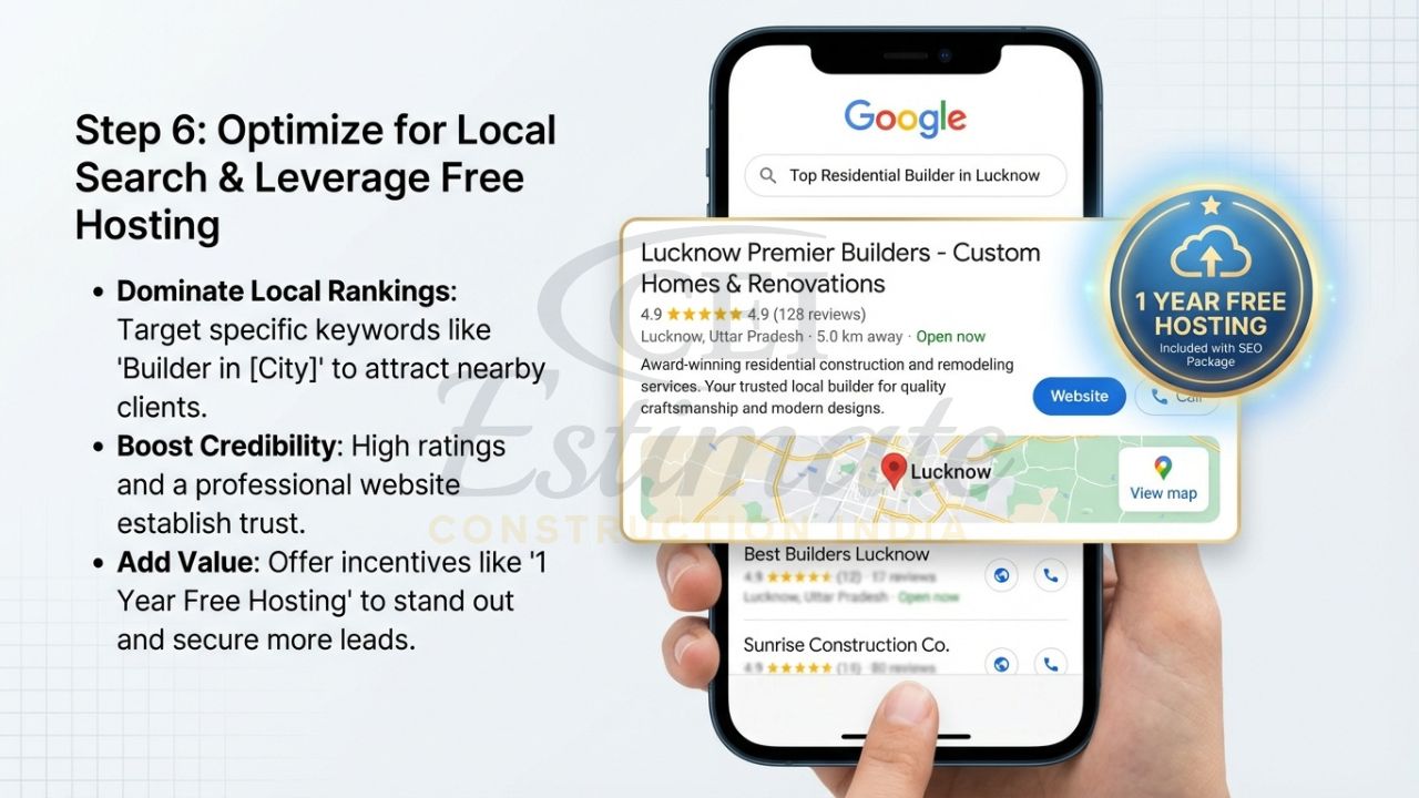 Google local search results showing a construction company ranking #1 in Lucknow