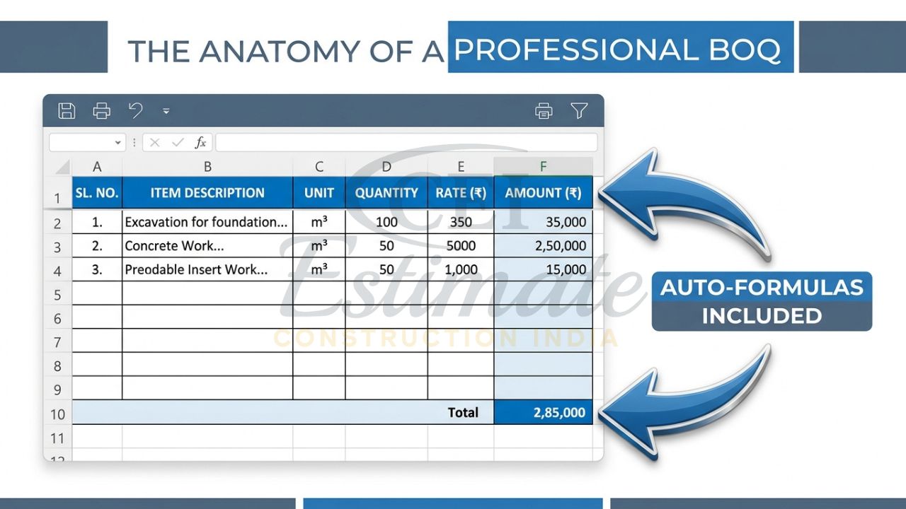 An instructional infographic showing the standard column headers for an Indian construction BOQ in Excel, including GST and Unit rates.